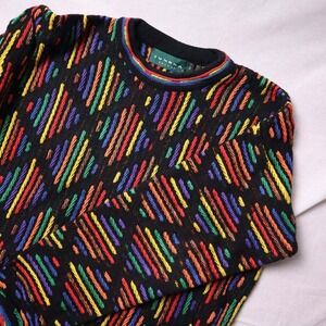 Vintage Tundra Coogi-Style 3D Knit Sweater‎ Colorful Canada Black Geometric